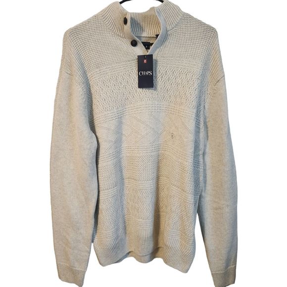 Chaps Sweater Natural Ivory Cotton Mockneck Textured Pullover Men's Size Large L - Picture 1 of 6